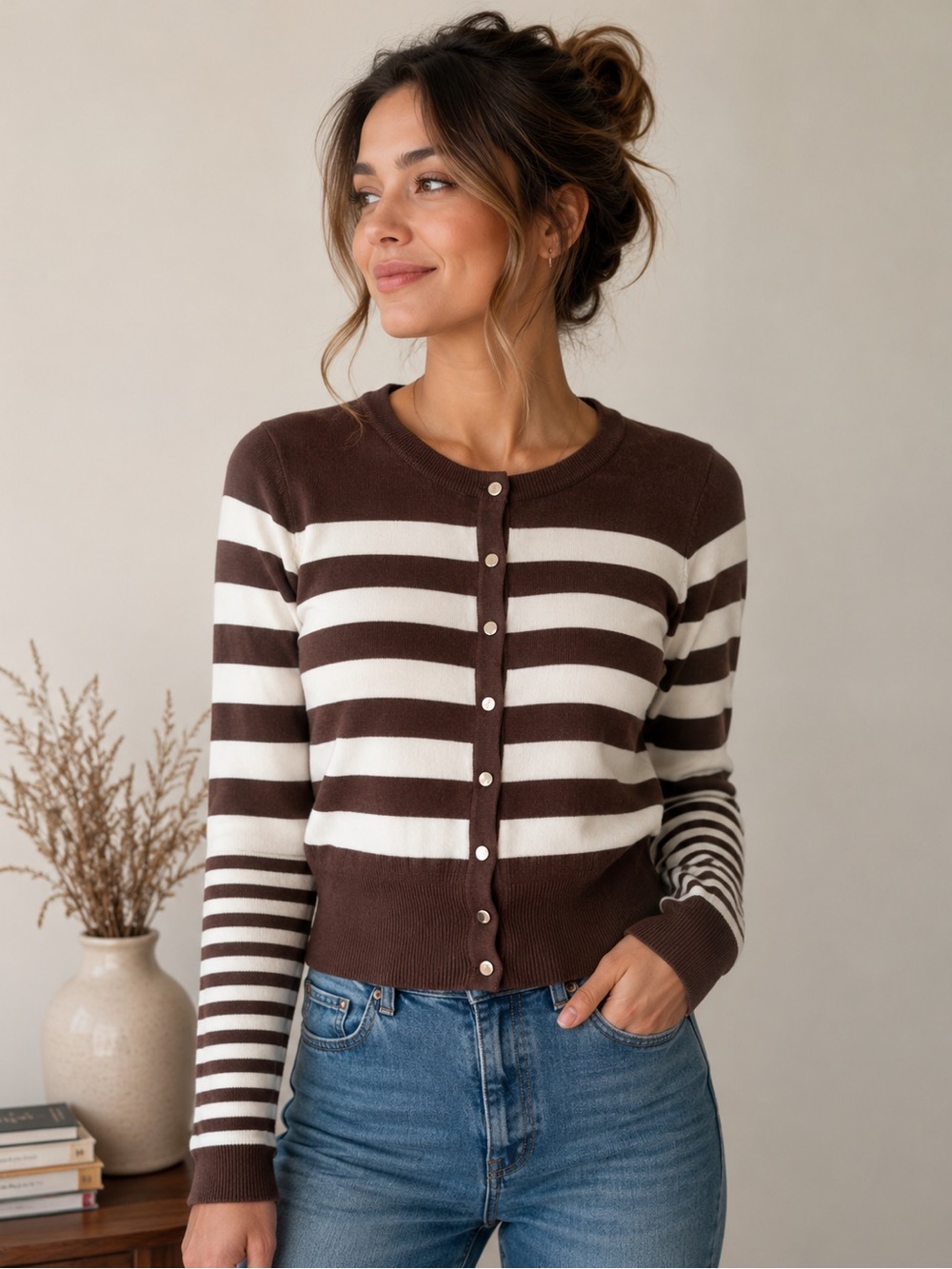 Philosophy Brown and White Striped Button-Up Cardigan